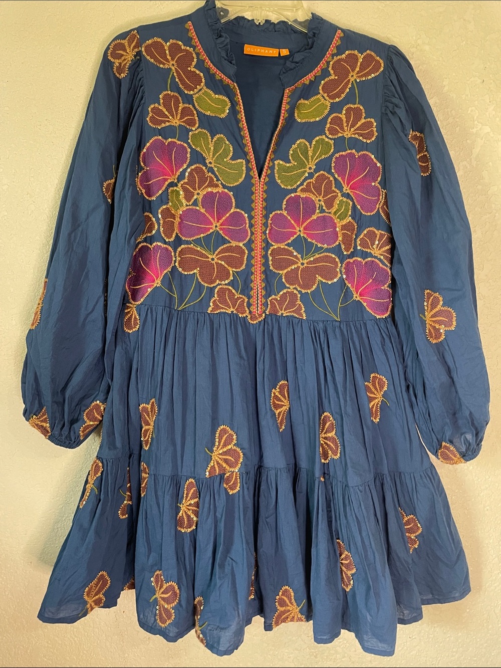 OLIPHANT Navy Blue Embroidered Floral Tiered Dress